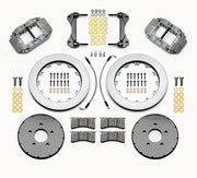 Wilwood gray Superlite 4R/ST kit laid out with plain-face rotor rings, separate hats, brake pads, brackets, braided hoses and hardware