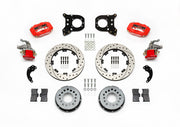 Wilwood red Dynalite/MC4 rear kit for modified GM 12-bolt axles with nonstaggered shocks, with 12.19-inch drilled-and-slotted rotors, hats, pads and brackets laid out