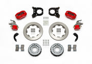 Wilwood red Dynalite/MC4 rear kit for modified GM 12-bolt axles with nonstaggered shocks, with 12.19-inch plain-face rotors, hats, pads and brackets laid out
