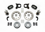 Wilwood black Dynalite/MC4 rear kit for modified GM 12-bolt axles with nonstaggered shocks, with 12.19-inch plain-face rotors, hats, pads and brackets laid out