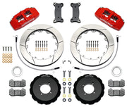 Wilwood red Dynapro 6 kit laid out with slotted rotor rings, separate hats, brake pads, brackets, braided hoses and hardware
