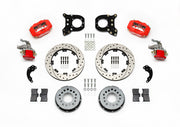 Wilwood red Dynalite/MC4 rear kit for modified GM 12-bolt axles with staggered shocks, with 12.19-inch drilled-and-slotted rotors, hats, pads and brackets laid out