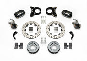 Wilwood black Dynalite/MC4 rear kit for modified GM 12-bolt axles with staggered shocks, with 12.19-inch drilled-and-slotted rotors, hats, pads and brackets laid out