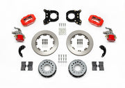 Wilwood red Dynalite/MC4 rear kit for modified GM 12-bolt axles with staggered shocks, with 12.19-inch plain-face rotors, hats, pads and brackets laid out