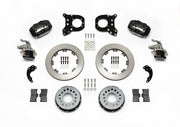 Wilwood black Dynalite/MC4 rear kit for modified GM 12-bolt axles with staggered shocks, with 12.19-inch plain-face rotors, hats, pads and brackets laid out