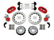 Wilwood red Superlite 4R/MC4 rear kit for Currie Pro-Tour unit-bearing axles, with 12.88-inch drilled-and-slotted rotors, hats, pads and brackets laid out