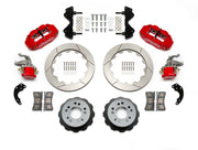 Wilwood red Superlite 4R/MC4 rear kit for Currie Pro-Tour unit-bearing axles, with 12.88-inch slotted rotors, hats, pads and brackets laid out