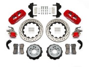 Wilwood red AERO4/MC4 rear kit for Currie Pro-Tour unit-bearing axles, with 14-inch drilled-and-slotted rotors, hats, pads and brackets laid out