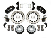Wilwood black AERO4/MC4 rear kit for Currie Pro-Tour unit-bearing axles, with 14-inch drilled-and-slotted rotors, hats, pads and brackets laid out