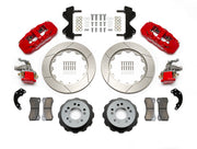 Wilwood red AERO4/MC4 rear kit for Currie Pro-Tour unit-bearing axles, with 14-inch slotted rotors, hats, pads and brackets laid out
