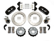 Wilwood black AERO4/MC4 rear kit for Currie Pro-Tour unit-bearing axles, with 14-inch slotted rotors, hats, pads and brackets laid out