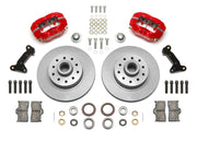 Wilwood red Dynalite-M front kit laid out with plain hub-and-rotor units, bearings, seals, pads and brackets