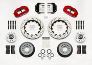 Wilwood red six-piston front kit with drilled-and-slotted rotor rings, separate hats, aluminum hubs, bearings, pads and brackets