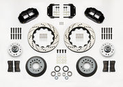 Wilwood black six-piston front kit with drilled-and-slotted rotor rings, separate hats, aluminum hubs, bearings, pads and brackets