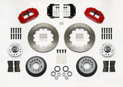 Wilwood red six-piston front kit with slotted rotor rings, separate hats, aluminum hubs, bearings, pads and brackets