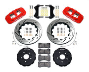 Wilwood red AERO6 front kit for 2016–2024 Camaro, with 14-inch drilled-and-slotted rotors, hats, pads, brackets and braided hoses laid out