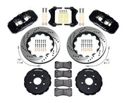 Wilwood black AERO6 front kit for 2016–2024 Camaro, with 14-inch drilled-and-slotted rotors, hats, pads, brackets and braided hoses laid out