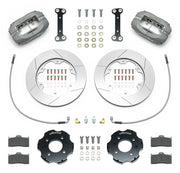 Wilwood gray Dynalite/ST kit laid out with slotted rotor rings, separate hats, brake pads, brackets, braided hoses and hardware