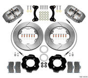 Wilwood Dynapro / ST brake kit: Parts layout with two gray anodized Dynapro calipers, slotted rotors, separate black hats and brackets, pads, curved braided hoses and fasteners; 11-inch front brake setup for Miata.