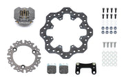 Wilwood Dynapro Single brake kit: One gray Dynapro Single caliper, one scalloped drilled steel rotor, a separate round rotor adapter, two pads, bracket and fasteners; 11.75-inch front brake setup for Dirt Modified.