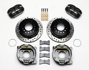 Wilwood Dynapro Low-Profile brake kit: Two black calipers, dark drilled-and-slotted rotor/hat assemblies, exposed parking-shoe backing assemblies, pads, rings and fasteners; 11-inch rear brake setup for 12-Bolt C-Clip.