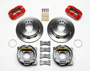 Wilwood Dynapro Low-Profile brake kit: Two red calipers, plain rotor/hat assemblies, exposed parking-shoe backing assemblies, pads, rings and fasteners; 11-inch rear brake setup for 12-Bolt C-Clip.