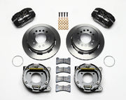 Wilwood Dynapro Low-Profile brake kit: Two black calipers, plain one-piece rotor/hat assemblies, exposed parking-shoe backing assemblies, pads, rings and mounting fasteners; 11-inch rear brake setup for 12-Bolt C-Clip.