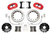 Wilwood Superlite 6R brake kit: Pair of red Superlite calipers, drilled-and-slotted rotors, separate dark hats, pads, braided hoses, fittings, brackets and fasteners in a flat layout; 12.88-inch front brake setup for Audi A4/S4/RS4/S5.