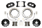 Wilwood Superlite 6R brake kit: Pair of black Superlite calipers, drilled-and-slotted rotors, separate dark hats, pads, braided hoses, fittings, brackets and fasteners in a flat layout; 12.88-inch front brake setup for Audi A4/S4/RS4/S5.