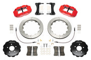Wilwood Superlite 6R brake kit: Pair of red Superlite calipers, slotted rotors, separate dark hats, pads, braided hoses, fittings, brackets and fasteners in a flat layout; 12.88-inch front brake setup for Audi A4/S4/RS4/S5.