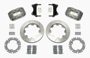 Wilwood Dynapro brake kit: Two gray Dynapro calipers, slotted rotors, separate toothed-edge bolt-on rotor adapters, pads, mounting brackets and fasteners in a parts layout; 11.75-inch front brake setup for Asphalt Sprint.
