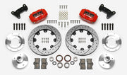 Wilwood Dynalite brake kit: Two red calipers, drilled-and-slotted rotor rings, separate aluminum adapters and hubs, bearings, pads, spindle brackets and fasteners arranged as a kit layout; 12.19-inch front brake setup for Mustang II/Pinto/Bobcat.
