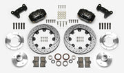 Wilwood Dynalite brake kit: Two black calipers, drilled-and-slotted rotor rings, separate aluminum adapters and hubs, bearings, pads, spindle brackets and fasteners arranged as a kit layout; 12.19-inch front brake setup for Mustang II/Pinto/Bobcat.