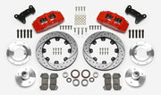 Wilwood Dynapro 6 brake kit: Two red calipers, drilled-and-slotted rotor rings, separate aluminum adapters and hubs, bearings, pads, spindle brackets and fasteners arranged as a kit layout; 12.19-inch front brake setup for Pinto/Bobcat/Mustang II.