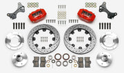 Wilwood Dynalite brake kit: Two red calipers, drilled-and-slotted rotor rings, separate aluminum adapters and hubs, bearings, pads, spindle brackets and fasteners arranged as a kit layout; 12.19-inch front brake setup for ProSpindle 5 x 5.