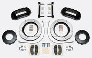Wilwood TX6R brake kit: Two black TX6R calipers, slotted rotor rings, separate dark eight-hole hats, pads, hoses, fittings, brackets and fasteners in a kit layout; 15-inch front brake setup for F-250/F-350 4WD SRW.