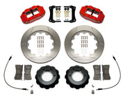 Wilwood Superlite 6R brake kit: Two red Superlite calipers, slotted rotors, separate deep black hats, pads, curved braided hoses, fittings, brackets and fasteners laid out; 14-inch front brake setup for Toyota/Lexus Six-Lug.