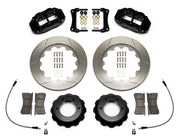 Wilwood Superlite 6R brake kit: Two black Superlite calipers, slotted rotors, separate deep black hats, pads, curved braided hoses, fittings, brackets and fasteners laid out; 14-inch front brake setup for Toyota/Lexus Six-Lug.