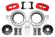 Wilwood AERO6 brake kit: Pair of red AERO6 calipers, drilled-and-slotted rotor rings, separate black hats, pads, braided hoses, fittings, brackets and fasteners in a flat parts layout; 14-inch front brake setup for Audi A4/A5/S4/S5.
