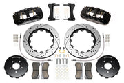 Wilwood AERO6 brake kit: Pair of black AERO6 calipers, drilled-and-slotted rotor rings, separate black hats, pads, braided hoses, fittings, brackets and fasteners in a flat parts layout; 14-inch front brake setup for Audi A4/A5/S4/S5.