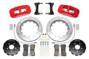 Wilwood AERO6 brake kit: Pair of red AERO6 calipers, slotted rotor rings, separate black hats, pads, braided hoses, fittings, brackets and fasteners in a flat parts layout; 14-inch front brake setup for Audi A4/A5/S4/S5.