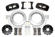 Wilwood AERO6 brake kit: Pair of black AERO6 calipers, slotted rotor rings, separate black hats, pads, braided hoses, fittings, brackets and fasteners in a flat parts layout; 14-inch front brake setup for Audi A4/A5/S4/S5.