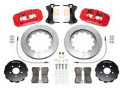 Wilwood AERO6 brake kit: Pair of red AERO6 calipers, slotted rotor rings, separate black hats, pads, braided hoses, fittings, brackets and fasteners in a flat parts layout; 15-inch front brake setup for Audi A4/A5/S4/S5.