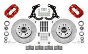 Wilwood Dynalite-M brake kit: Two red Dynalite calipers, plain integral rotor/hub castings, bearings, pads, spindle brackets and fasteners in a parts layout; 11.5-inch front brake setup for Classic Chevy/Corvette.