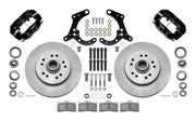 Wilwood Dynalite-M brake kit: Two black Dynalite calipers, plain integral rotor/hub castings, bearings, pads, spindle brackets and fasteners in a parts layout; 11.5-inch front brake setup for Classic Chevy/Corvette.