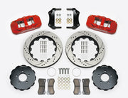 Wilwood AERO6 brake kit: Two red calipers, drilled-and-slotted rotor rings, separate dark hats, pads, brackets, centering rings and fasteners laid out; no hoses visible; 14-inch front brake setup for Ford Panther Cars.