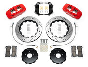 Wilwood AERO6 brake kit: Pair of red AERO6 calipers, drilled-and-slotted rotors, separate dark hats, pads, braided hoses, brackets and fasteners arranged as a parts layout; 14-inch front brake setup for 350Z/G35 RWD.