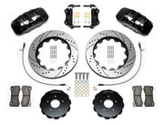 Wilwood AERO6 brake kit: Pair of black AERO6 calipers, drilled-and-slotted rotors, separate dark hats, pads, braided hoses, brackets and fasteners arranged as a parts layout; 14-inch front brake setup for 350Z/G35 RWD.