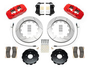 Wilwood AERO6 brake kit: Pair of red AERO6 calipers, slotted rotors, separate dark hats, pads, braided hoses, brackets and fasteners arranged as a parts layout; 14-inch front brake setup for 350Z/G35 RWD.