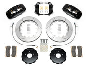 Wilwood AERO6 brake kit: Pair of black AERO6 calipers, slotted rotors, separate dark hats, pads, braided hoses, brackets and fasteners arranged as a parts layout; 14-inch front brake setup for 350Z/G35 RWD.